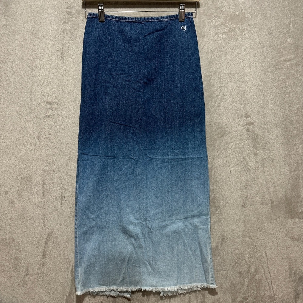 Vintage Guess Jeans Ombre Denim Maxi Skirt Size 26 Blue Frayed Hem Made in USA
